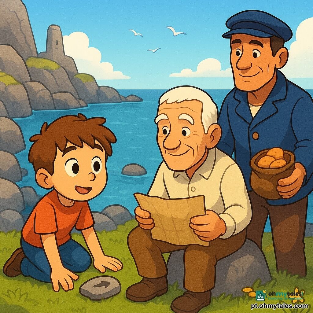 Um menino (Tomás, cerca de 8 anos), rosto redondo, cabelo castanho bagunçado, olhos grandes e brilhantes, expressão admirada e serena, ajoelhado sobre um tapete de relva verde e macia, a mão apoiada na relva como para acariciar; um velho (avô Zé, cerca de 70 anos), rosto enrugado e sorridente, cabelo branco curto, sentado recostado numa rocha baixa, segurando um pergaminho antigo amassado (o mapa) e olhando para Tomás com orgulho; um homem de meia-idade (o pescador Rui, cerca de 50 anos), pele bronzeada, casaco de marinheiro azul, em pé junto a um barco vermelho atracado, observando a cena e segurando um saquinho de biscoitos aberto; local: um ilhéu rochoso à beira-mar com rochas cinzentas texturizadas, pequenas poças brilhantes, tufos de relva curta e flores amarelas, oceano azul cintilante ao fundo e céu claro com algumas gaivotas; situação: Tomás descobre um "caminho herboso" — uma passagem estreita entre duas rochas que leva a um cantinho de relva secreto; ele coloca uma pedra em forma de seta à entrada para indicar o caminho; cena de calma, curiosidade e partilha, luz suave da manhã, composição central, cores saturadas e contrastes nítidos.