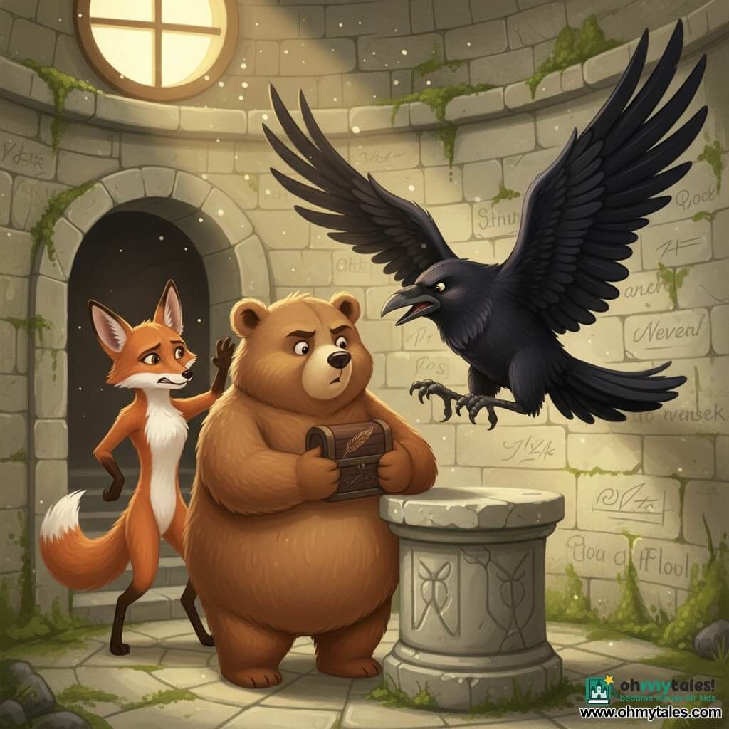 A large anthropomorphic brown bear named Bramble, round gentle face, attentive eyes and a focused frown, holds a small dark wooden box engraved with a feather against his chest, standing by a stone pedestal in a narrow lighthouse niche; a quick, slender fox called Juniper, pointed ears and mischievous eyes, worried but determined, stands slightly behind Bramble to the left, paw raised as if ready to intervene; a glossy large crow named Rook, sleek plumage and piercing gaze, wings half-open and aggressive, lunges toward Bramble from the dark corridor entrance; the setting is the interior of an old circular pale-stone lighthouse with visible spiral stairs, lichen-covered walls and faded carved inscriptions, faint golden light filtering from a porthole above and dust in the air; the scene captures a dramatic moment: Bramble protects the key box on the pedestal while Rook tries to seize it and Juniper prepares to help, tension visible and strong contrast between Bramble’s warmth and the crow’s blackness.