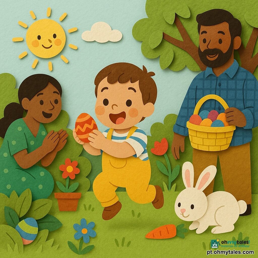 Menino de 2 anos feliz e maravilhado, cabelos castanhos curtos, bochechas rosadas, veste jardineira amarela e camisa listrada azul e branca, segura um ovo de Páscoa laranja e salta ligeiramente; mãe ~30 anos sorrindo, cabelo longo preso, vestido verde de bolinhas brancas, agachada à esquerda a aplaudir; pai ~32 anos, barbudo, camisa xadrez azul, em pé à direita com cesta amarela cheia de ovos coloridos, olhando com orgulho; pequeno coelho branco de orelhas rosadas cheira uma cenoura laranja na relva; jardim ensolarado com relva verde, flores vermelhas e azuis, árvore de tronco castanho e folhas recortadas, céu azul claro com sol amarelo sorridente; cena de caça aos ovos alegre, ovos coloridos escondidos sob folhas e atrás de vaso, composição simples, formas grandes e contrastantes, cores vivas e contornos nítidos como papel recortado.