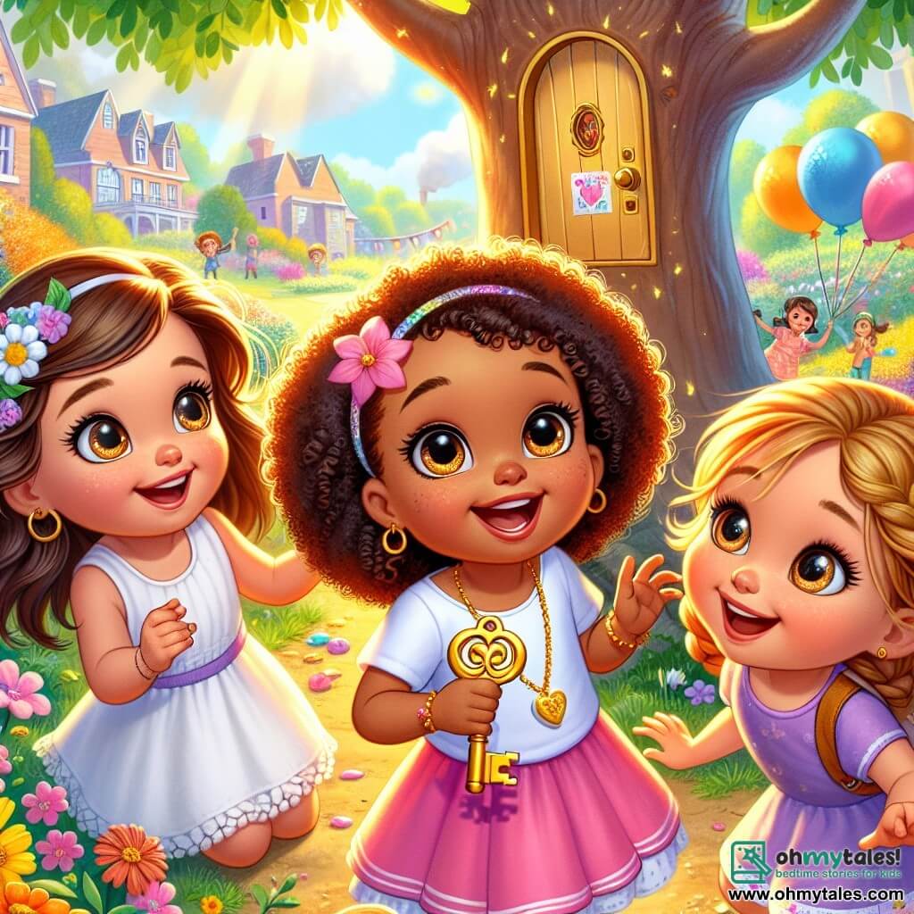 Three four-year-old girls, Mia, Zoe, and Lily, are gathered in a sunny park. Mia, with brown hair and sparkling eyes, holds a small golden key in her hand, smiling with excitement. Zoe, with curly blonde hair, is jumping for joy, her eyes shining with curiosity. Lily, with red hair in braids, leans down to look at a small door at the base of a large tree, her eyes wide with wonder. The park is filled with bright colors, with vibrant flowers and balloons floating in the blue sky. In the background, neighbors are preparing decorations for New Year's, creating a festive and joyful atmosphere. The three friends discover a magical door at the foot of a tree and are about to open it with the golden key, eager to embark on an adventure full of surprises and joy for the New Year.