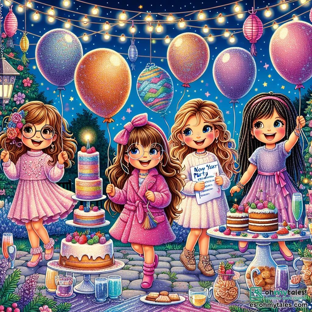 En el centro de la imagen, cuatro chicas sonrientes están juntas en un jardín iluminado por guirnaldas de luces de colores. Valentina, una niña de 10 años con cabello largo y castaño y gafas redondas, sostiene globos multicolores. A su derecha, Sofía, una niña de 9 años con cabello rubio y rizado, baila alegremente levantando los brazos, vestida con un vestido rosa. A la izquierda, Carla, una niña de 10 años con cabello castaño y flequillo, sirve pasteles en una mesa decorada con manteles brillantes. Finalmente, Lucía, una niña de 9 años con cabello negro y trenzas, sostiene una lista de juegos mientras sonríe, de pie junto a un gran cartel que dice "Fiesta de Año Nuevo". El jardín está lleno de decoraciones festivas: linternas de papel, serpentinas de colores flotando en el aire, y una gran mesa con pasteles y bebidas espumosas. En el fondo, se ven estrellas brillantes en un cielo nocturno azul profundo. La escena principal muestra a las cuatro amigas organizando una fiesta sorpresa para sus familias, con risas y música, creando una atmósfera alegre y festiva, listas para recibir el Año Nuevo.