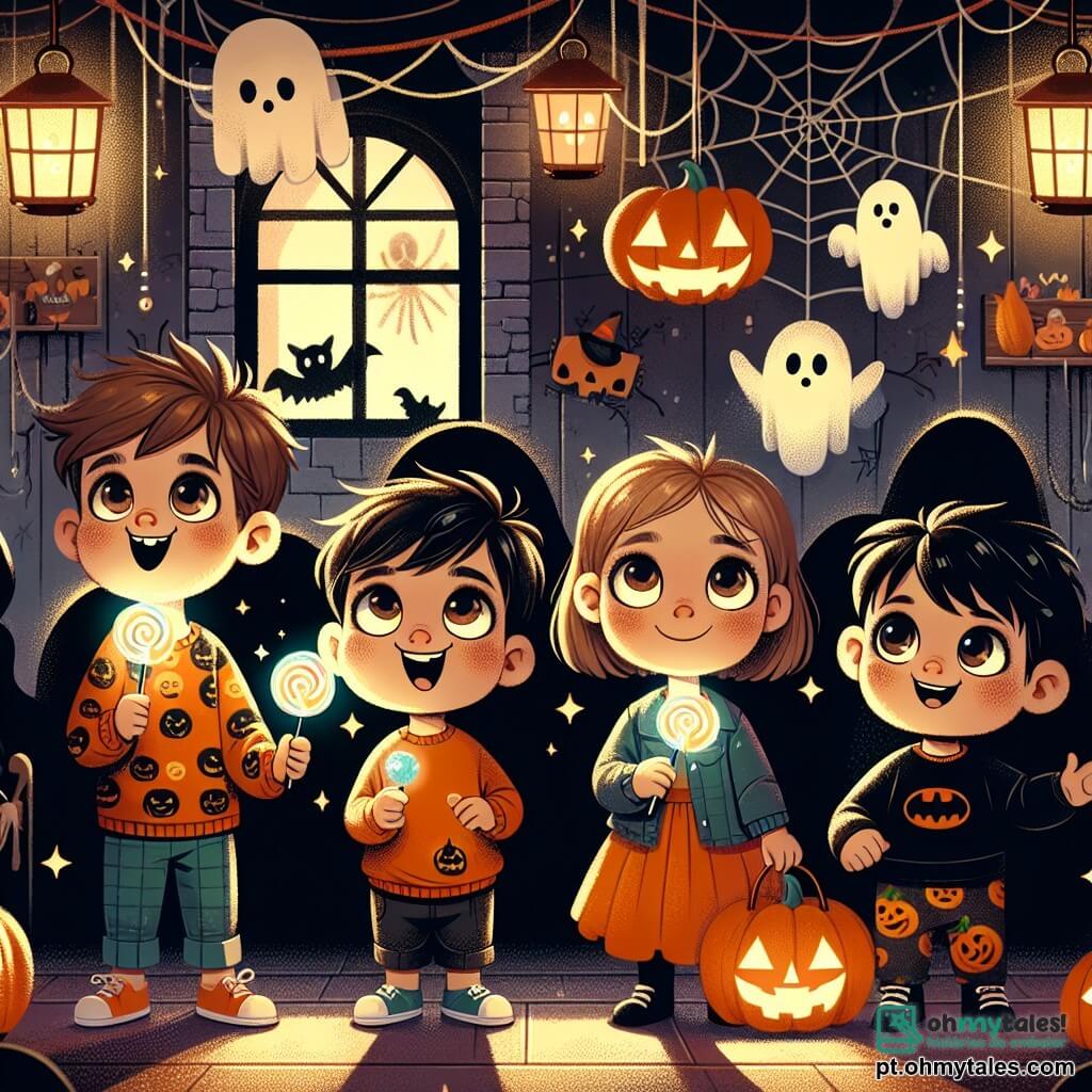 Em uma casa escurecida pelo Halloween, quatro amigos se reúnem, iluminados pelo brilho de seus pirulitos. Lucas, um garoto de cinco anos com cabelos castanhos e olhos brilhantes, sorri corajosamente segurando um pirulito. Ao seu lado, Ana, uma menina de cinco anos com cabelos loiros e vestido laranja, observa ao redor com olhos curiosos. Tiago, um garoto de cinco anos com cabelos negros e camiseta de super-herói, faz uma careta engraçada, enquanto Sofia, uma menina de cinco anos com cabelos ruivos e saia com estampas de abóbora, ri segurando a mão de Ana. A cena acontece em um quarto escuro da casa, decorado com teias de aranha de papel, fantasmas pendurados e abóboras esculpidas que brilham fracamente na escuridão. As paredes são pintadas de preto, e sombras dançam ao redor, criando uma atmosfera misteriosa e divertida. Armados de coragem e seus pirulitos mágicos, os amigos encontram um fantasma amigável que os recebe com um grande sorriso, transformando seu medo em risadas e seu Halloween em uma aventura inesquecível.
