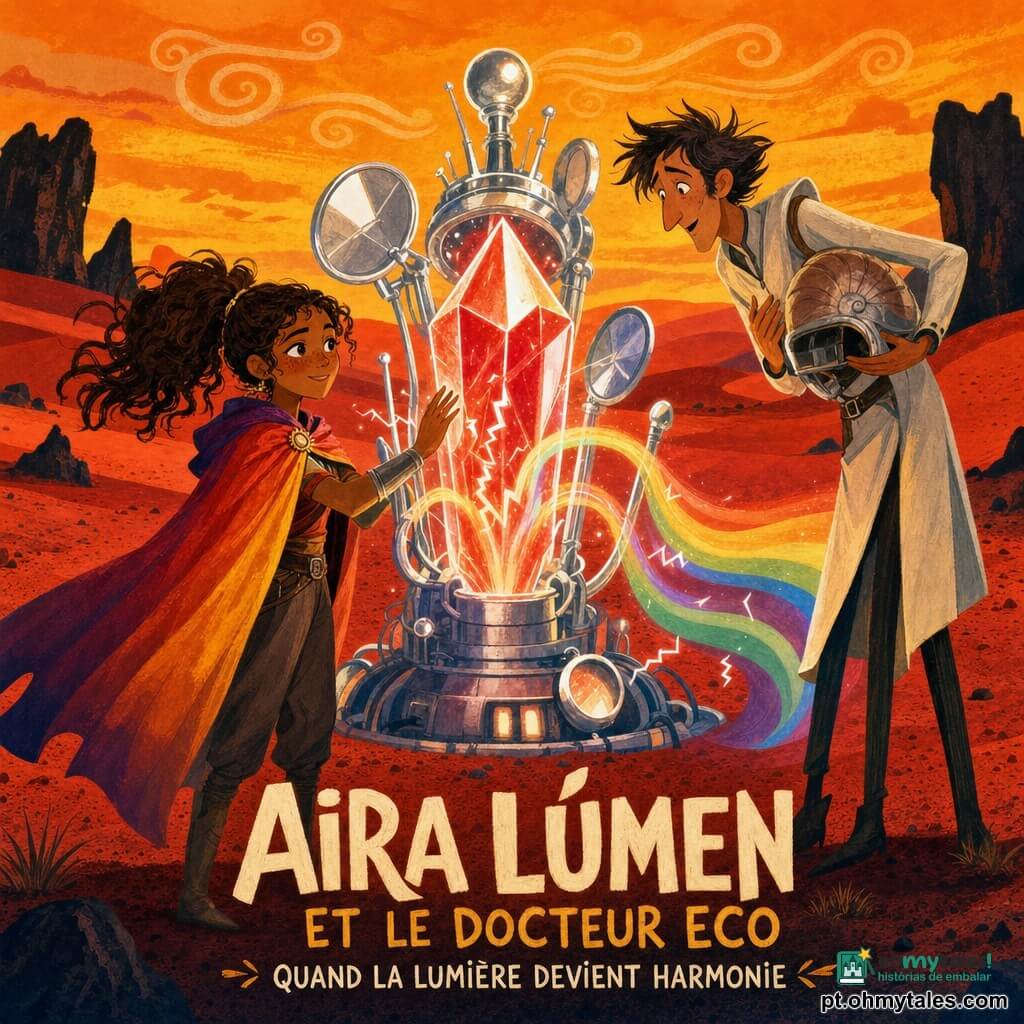 A heroína Aira Lúmen olha com ternura e determinação, pele bronzeada com sardas, cabelo encaracolado preso, e toca suavemente uma grande máquina em forma de cristal para a acalmar; ao lado está o Dr. Eco, homem alto e magro, cabelo despenteado, capacete em forma de concha na mão, surpreso e emocionado, levemente inclinado para Aira; a máquina tem antenas e espelhos prateados em torno de um cristal que emite fitas de luz vermelha e arco-íris e pequenos relâmpagos que se apaziguam ao contato; o deserto rubro de dunas vermelhas, céu alaranjado e algumas rochas negras ao fundo compõe a cena de reconciliação em que a luz do cristal passa de agressiva a harmoniosa, criando uma atmosfera calorosa de esperança e cooperação, traços suaves e paleta gouache.