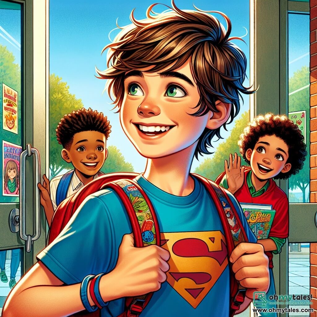 A 12-year-old boy named Ben stands in the center of the image, smiling broadly with sparkling eyes filled with excitement and a hint of nervousness. He has messy brown hair, wears a blue t-shirt with a superhero logo, and carries a colorful backpack. He gazes in awe at the entrance of his school, ready to go inside. To his right, Jamal, also 12, gives him a friendly pat on the shoulder. He has curly hair and wears a red soccer jersey, smiling widely in support. To the left, Mia, an 11-year-old girl, sits on a bench holding a book. She has long braided brown hair and wears a floral dress, looking curious and excited as she watches Ben. The scene takes place at the entrance of a modern school with large glass doors and red brick walls, surrounded by lush trees and colorful posters announcing the start of the school year. The blue sky with a few white clouds adds a cheerful touch to the atmosphere. The main situation shows Ben, Jamal, and Mia in front of the school, ready to enter for their first day of class, with Ben about to step through the door while his friends encourage him, creating a sense of camaraderie and excitement for this new school adventure.