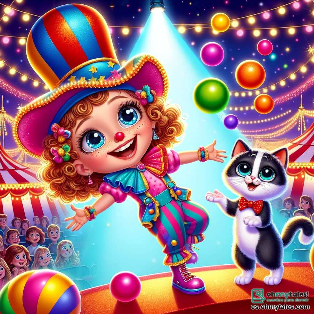 Una niña de 6 años, Clara, con grandes ojos brillantes y cabello rizado, lleva un gran sombrero de payaso colorido y una sonrisa radiante. Ella está haciendo malabares con pelotas de colores vivos, con los brazos extendidos hacia el cielo, llena de entusiasmo y alegría. A su lado, un gato negro y blanco, Don Gato, con un aire travieso, observa atentamente las pelotas, los ojos muy abiertos, listo para saltar. El escenario es un circo brillante, lleno de luces centelleantes y carpas a rayas rojas y blancas, con globos flotantes y espectadores maravillados de fondo. La escena está animada por colores vibrantes y un ambiente festivo. Clara y Don Gato son el centro de atención, rodeados de risas y aplausos, mientras se preparan para realizar un número cómico y alegre.