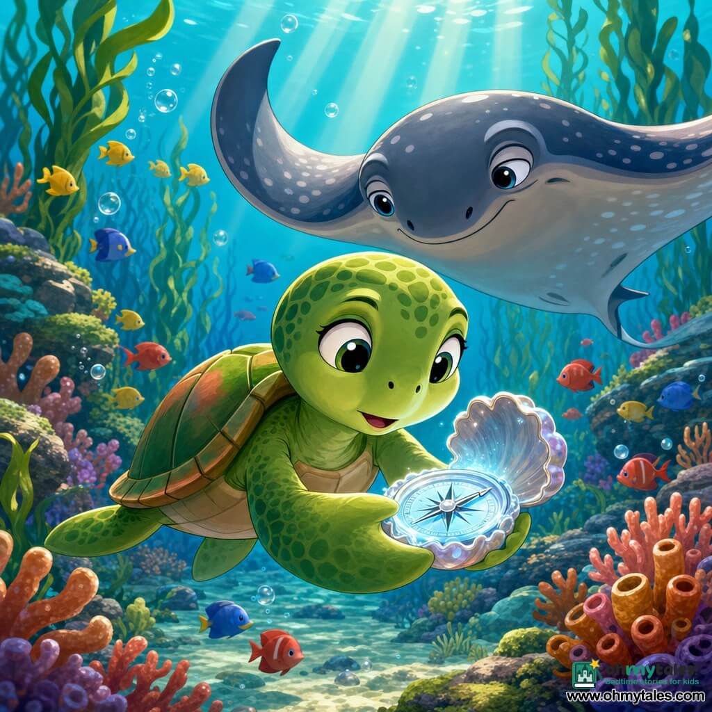 Coral, a young green sea turtle with a round face and bright curious eyes, looks amazed and gentle as she holds a small shell compass glowing pale blue; her smooth shell shows green and salmon tones and she swims slowly, tilting her head to study it. Behind and above her hovers Miro, a large wise manta ray with broad rounded wings, pearl-gray skin with nacreous spots and a calm, kind gaze, watching attentively. No humans are present. The compass has a shimmering shell rim, a thin silver needle pointing right and a moonlit underwater glow. The scene is a luminous underwater lagoon with clear turquoise water, golden sunbeams, algae-covered rocks, pink and orange corals, rising bubbles, a gently waving kelp forest in the background and schools of yellow, blue and red fish. The moment is one of discovery: soft, magical atmosphere, vivid contrasting colors, rounded forms and smooth textures, composition centered on Coral and the compass to evoke curiosity and the start of an adventure.