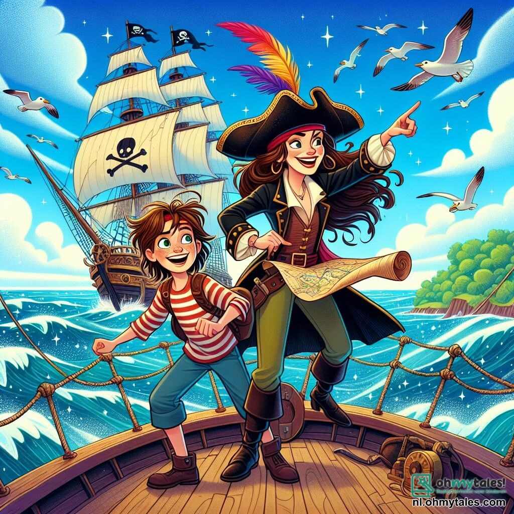 In het midden van de afbeelding staat Kapitein Lila, een piratenvrouw van ongeveer 30 jaar, trots op het dek van haar prachtige schip, De Zeeleeuw. Ze heeft lange bruine haren die in de wind waaien, een piratenhoed met een gekleurde veer en een vastberaden glimlach op haar gezicht. Ze houdt een schatkaart in de ene hand en wijst met de andere naar de horizon, wat haar enthousiasme voor avontuur toont. Naast haar kijkt Finn, een jongen van ongeveer 10 jaar met rommelig blond haar en een rode bandana, bewonderend naar de kaart. Hij draagt een gestreepte shirt en een leren vest, en hij springt van blijdschap, met stralende ogen van opwinding. Op de achtergrond is het schip omringd door glinsterende golven onder een heldere blauwe lucht, met enkele witte wolken. Er zijn meeuwen die boven vliegen en een groen eiland aan de horizon, wat de locatie van het volgende avontuur suggereert. De belangrijkste situatie toont Kapitein Lila en Finn die hun zoektocht naar de legendarische schat van de Gouden Dolfijn plannen, vol enthousiasme en vastberadenheid, klaar om alle uitdagingen op zee aan te gaan.