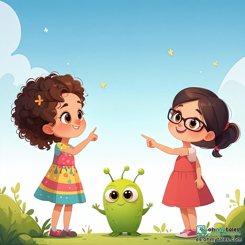 Clara, una niña de 12 años con cabello castaño y rizado, lleva un vestido colorido y mira con asombro a un pequeño extraterrestre verde llamado Zog, que tiene grandes ojos redondos y antenas. A su lado, Sofía, una niña de 12 años con gafas y cabello rubio, señala el cielo, mientras Valentina, una niña de 12 años con cabello lacio y negro, sonríe sosteniendo un pequeño Flufferbop, una criatura peluda y colorida. Lucía, una niña de 12 años con cabello castaño atado en una coleta, observa la escena con curiosidad. Están en un claro, rodeados de grandes árboles y flores brillantes, donde la luz del sol filtra a través del follaje, creando patrones luminosos en el suelo. En el centro, una pequeña nave espacial metálica brilla, añadiendo un toque futurista a este paisaje encantador. La escena principal muestra a Clara y sus amigas celebrando su encuentro con Zog en un ambiente alegre y colorido, mientras bailan y ríen juntas, rodeadas de luces centelleantes y la magia de una amistad intergaláctica.