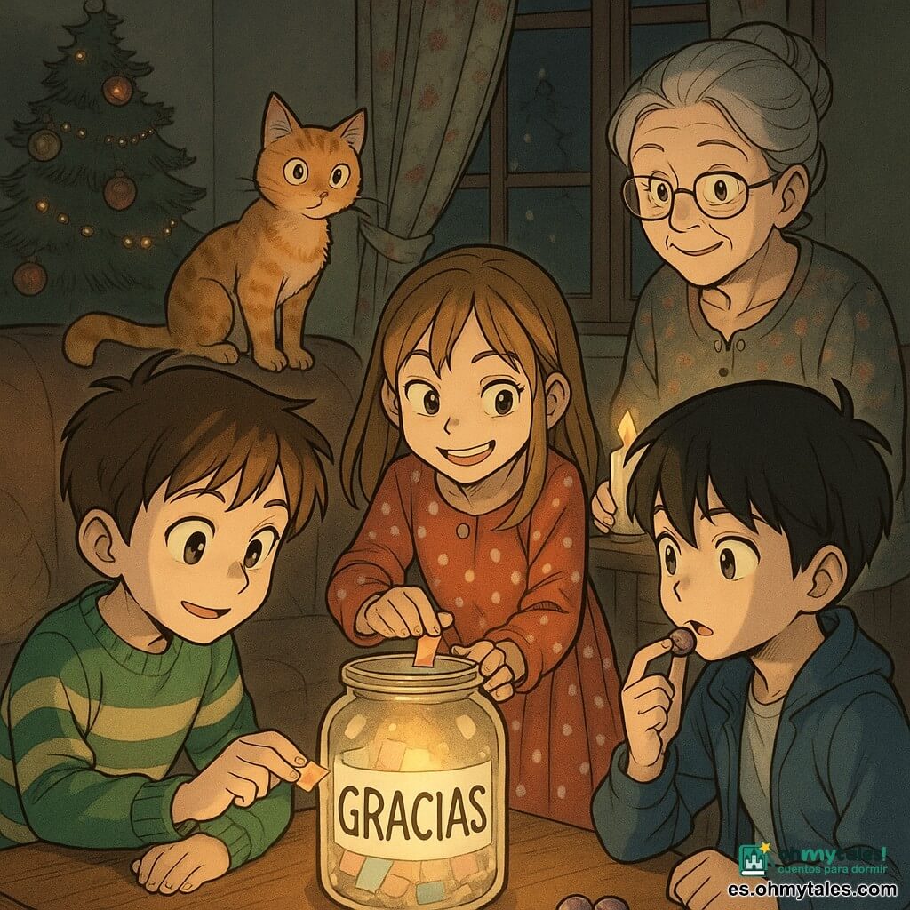 Hay cinco personajes: Nico, niño de 10 años, cabello castaño corto, jersey verde a rayas, sentado en primer plano a la izquierda, sosteniendo delicadamente un papelito de colores que acaba de meter en el frasco; Abril, niña de 11 años, cabello largo castaño claro, sonrisa traviesa, vestido rojo con lunares, de pie ligeramente detrás a la derecha con la mano sobre el frasco; Bruno, niño de 12 años, cabello negro, chaqueta azul, expresión curiosa, comiendo una uva a la derecha frente a Nico; la abuela Lola, mujer de unos 70 años, cabello gris recogido, bata estampada, mirada benevolente, de pie cerca del aparador encendiendo una vela; Mostaza, gato macho rojizo atigrado, ojos brillantes, posado en el respaldo de un sillón mirando el frasco. Lugar: salón familiar cálido con mesa baja de madera, cortinas y manteles florales, guirnaldas apagadas, luz principal de la vela y un brillo suave que emana del frasco decorado con la palabra GRACIAS. Situación: corte de luz en Nochebuena, todo a media sombra, los personajes reunidos alrededor del gran frasco de vidrio que emite una luz cálida, papeles de colores en su interior, cada uno comiendo una uva al sonar las doce campanadas, ambiente íntimo de asombro y ternura.