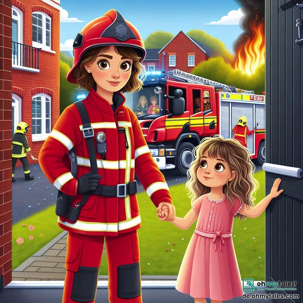 Eine Feuerwehrfrau, Anna, steht im Mittelpunkt des Bildes, mit kurzen, lockigen Haaren, in einer leuchtend roten Uniform und einem Feuerwehrhelm. Sie hat einen entschlossenen und beruhigenden Ausdruck und hält die Hand eines etwa 6-jährigen Mädchens, Emma, die große braune Augen hat und eine blonde Strähne, die ihr auf die Stirn fällt. Emma trägt ein pinkes Kleid und schaut Anna bewundernd an, während sie neben einer halb offenen schwarzen Holztür steht, aus der ein leichter Rauchschwaden entweicht. Die Szene spielt in einem Wohngebäude aus roten Ziegeln mit weiß gerahmten Fenstern, umgeben von Grün. Im Hintergrund sieht man ein leuchtend rotes Feuerwehrfahrzeug mit blinkenden Lichtern und Feuerwehrleuten, die beschäftigt sind. Die Hauptsituation zeigt Anna, die Emma sicher aus dem Gebäude führt, während Flammen hinter ihnen tanzen, was einen dramatischen Kontrast zu der Hoffnung und dem Mut bildet, die aus ihrer Flucht strahlen.