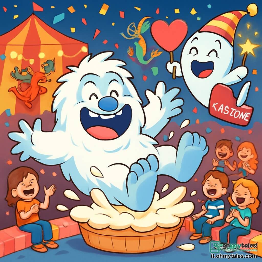 Un grande Yeti bianco e peloso, con grandi occhi rotondi e un naso blu, scivola su una grande torta alla crema, con un ampio sorriso divertito. Accanto a lui, un piccolo fantasma di nome Gastone, con un cappello da clown e una campanula scintillante, galleggia nell'aria ridendo e tenendo un cartello a forma di cuore. Lo sfondo è un circo colorato, con un grande tendone a strisce rosse e gialle, luci scintillanti e coriandoli nell'aria. Nel retro, creature fantastiche come draghi acrobatici e sirene applaudono, mentre bambini di 8-10 anni siedono su panchine di caramelle, ridendo e divertendosi. La scena mostra lo Yeti che cade felicemente nella torta, schizzando crema ovunque, mentre Gastone ride, aggiungendo un tocco di magia e gioia a questo momento esilarante.