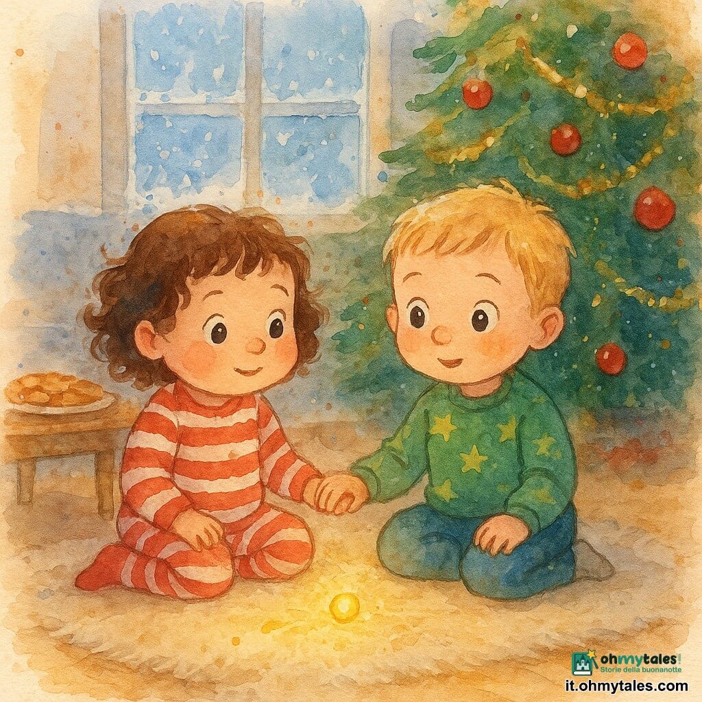 Ci sono due bambini: Lina, circa 2 anni, capelli corti e ricci castani, guance rotonde e rosse, in pigiama a righe rosse e bianche, seduta a sinistra davanti all'albero di Natale tenendo la mano del ragazzo e guardando una piccola lucina dorata che rotola verso di loro; Teo, circa 2 anni, capelli biondi sottili e occhi grandi, con un maglione verde a stelle, seduto a destra vicino a Lina con un piccolo sorriso sorpreso; interno di un salotto accogliente con pavimento in legno chiaro, tappeto crema, grande albero decorato con palline rosse e ghirlande dorate, finestra ghiacciata con neve visibile e un piatto di biscotti su un tavolino a sinistra; una piccola lucina dorata lascia una scia scintillante sul pavimento tra Lina e Teo in un'atmosfera calda, colori acquerello tenui e schizzi di pittura per un effetto magico.