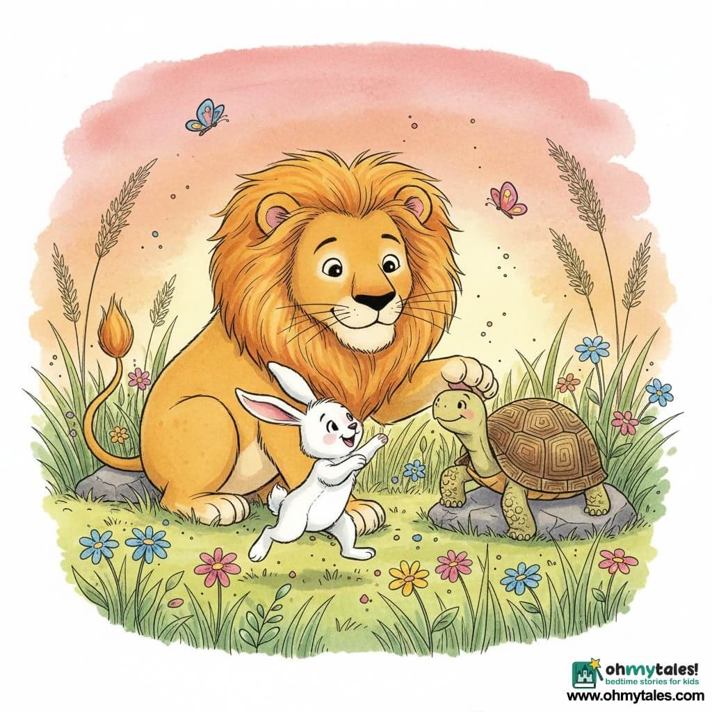 A large lion named Leo, expressive and gentle, wears a calm smile and kind round eyes; his golden mane is full and wavy, and he crouches tenderly, extending a delicate paw toward a friend. A small white bunny named Ruby, with long floppy ears and fluffy fur, is joyful and mid-hop just in front of the lion, front paws raised and playful. An old tortoise named Tilly with a rough, geometric-patterned shell watches from a nearby rock, still and smiling like a comforting grandmother. The scene is a sunlit meadow at dusk with tall swaying grass, colorful wildflowers (blue, pink, yellow) and a few butterflies; the sky is orange-pink and the light is soft. The main action shows the three friends playing peacefully at sunset: the lion gentle, the bunny leaping happily, the tortoise observing fondly; centered composition, clear silhouettes, clean lines and saturated yet soft colors in a simple colored-ink style suitable for toddlers.