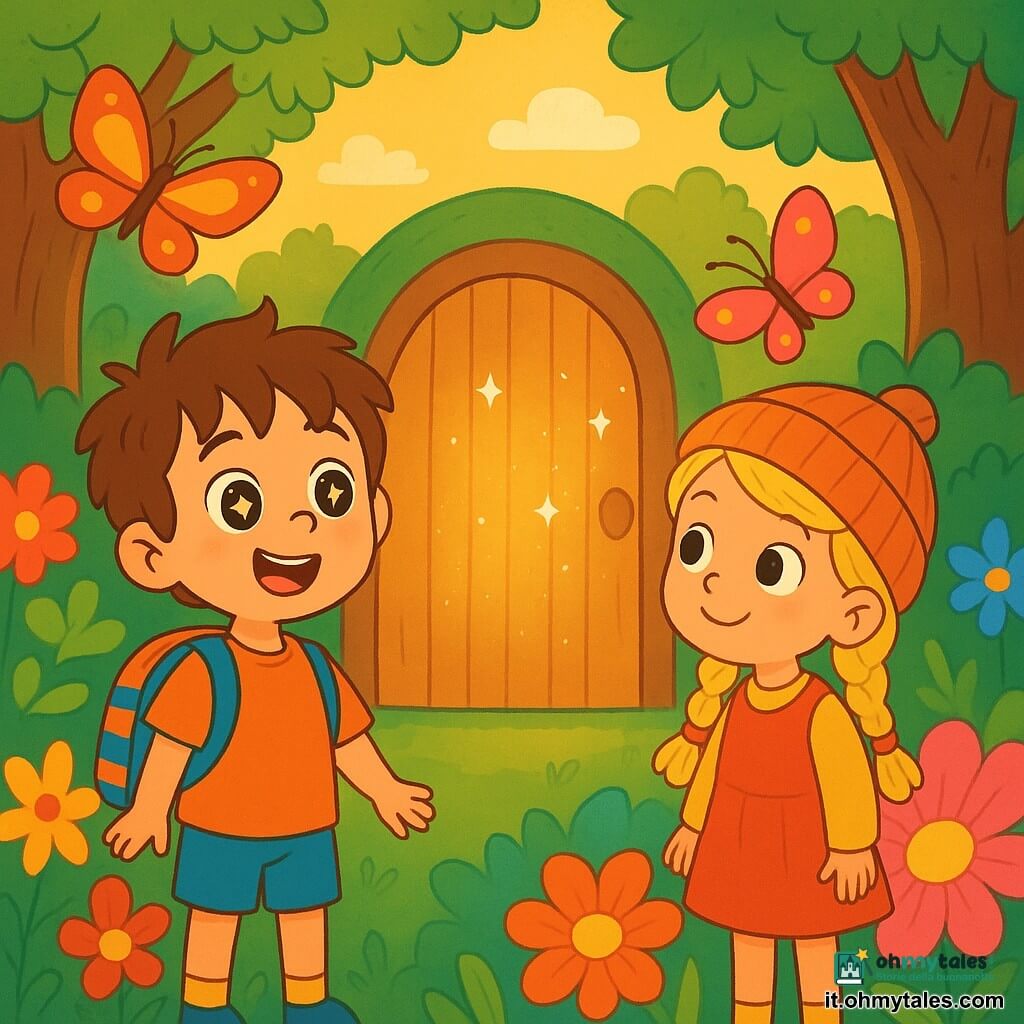 Un ragazzo di 4 anni, Leo, con occhi brillanti come stelle e capelli castani arruffati, si trova davanti a una piccola porta scintillante in un giardino fiorito. Indossa uno zainetto a righe colorate e mostra un sorriso meravigliato, con le braccia leggermente aperte come se fosse pronto a esplorare. Accanto a lui, una bambina di 4 anni, Lina, con capelli biondi intrecciati e un bel cappello di lana, guarda Leo con un sorriso amichevole. È circondata da fiori giganti dai colori vivaci, piegandosi leggermente per ammirare i petali. Il luogo è un giardino magico, pieno di fiori multicolori, grandi alberi dai tronchi contorti e una luce dorata che filtra tra le foglie, creando un'atmosfera da favola. La scena principale mostra Leo e Lina davanti alla porta misteriosa, pronti a entrare in un mondo di magia e avventure, con farfalle giganti che volano attorno a loro, aggiungendo un tocco di sogno a questa scena incantata.