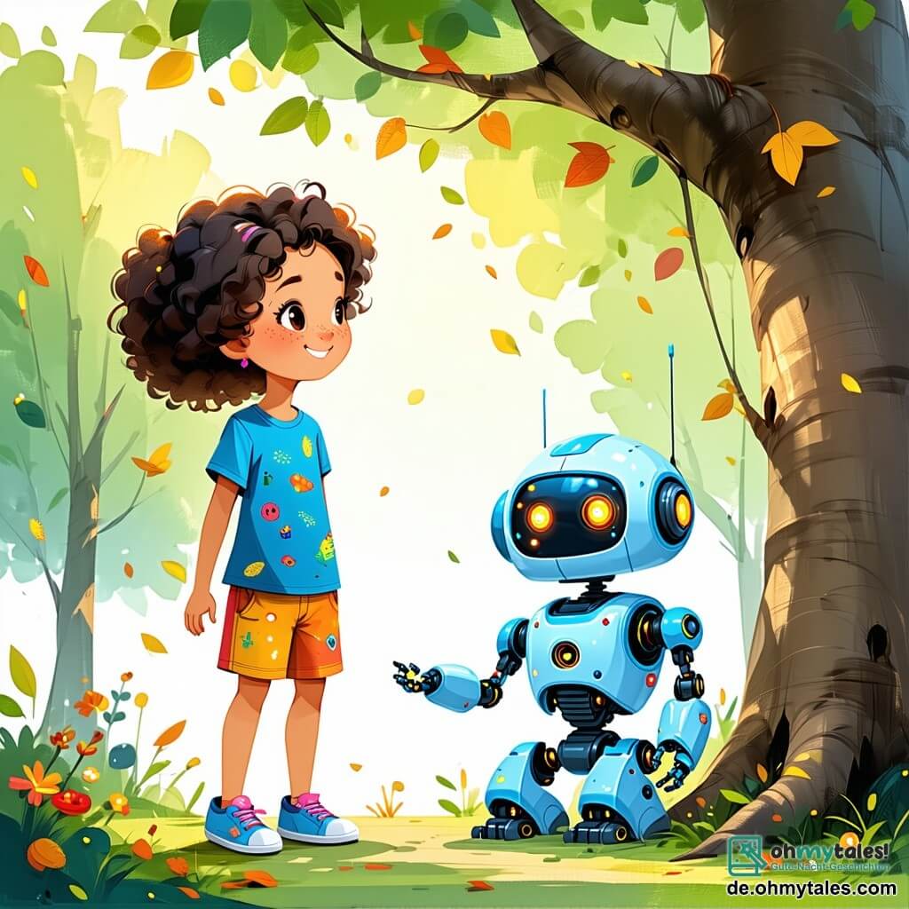 Ein 10-jähriges Mädchen, Lila, mit lockigem, glänzendem Haar trägt ein blaues T-Shirt mit kleinen Robotern und eine bunte Shorts. Sie lächelt groß und zeigt ihre Neugier und Begeisterung, während sie einen Baum mit wechselnden Blättern im Park beobachtet. Neben ihr tanzt ein freundlicher Roboter namens Zappy, der einen runden Körper und leuchtende Augen hat, fröhlich und verleiht der Szene einen Hauch von Magie. Im Hintergrund schauen andere Kinder unterschiedlicher Herkunft mit Staunen zu, einige machen Notizen auf futuristischen Tablets. Der Ort ist die „Grüne Zone“, ein futuristischer Park mit großen Bäumen mit silbernen Stämmen, bunten Blumen und glitzernden Glaswegen. Schwebende Hängergärten und mechanische Vögel umkreisen die Kinder. Die Hauptsituation zeigt Lila und ihre Freunde, die die Schönheit der Natur und Technologie entdecken, während sie vor dem spektakulären Baum mit bunten Blättern stehen, einem Symbol für Nachhaltigkeit in ihrer futuristischen Stadt.