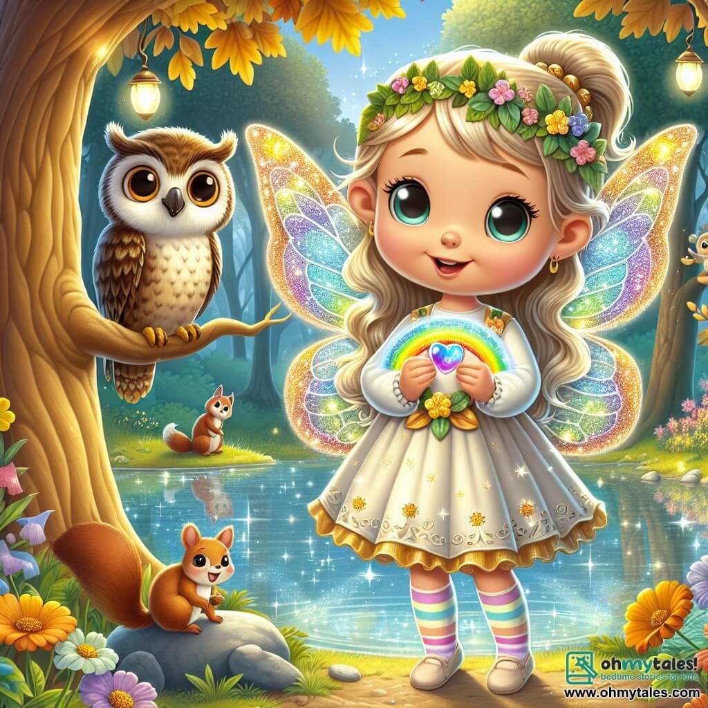 A little fairy named Lily, with sparkling wings that shine like lanterns, stands at the edge of a shimmering pond. She has a joyful face, her eyes sparkling with curiosity, and she delicately holds a rainbow gem in her hands, illuminating her face with a soft, colorful light. Next to her, a wise owl named Oliver, with big round eyes and brown feathers, is perched on a tree branch. He looks at Lily with a kind smile, his wings slightly spread, ready to accompany her on her adventure. In the background, a small squirrel named Sammy, with red fur and bright eyes, stands on his hind legs, enthusiastically observing the scene. He is sitting on a stone near the pond, ready to share advice with his friends. The setting is a beautiful enchanted pond, surrounded by trees with golden leaves that softly sing, and colorful flowers that dance in the breeze. Sunlight filters through the branches, creating sparkling reflections on the water. The main scene shows Lily, amazed, discovering the rainbow gem on a lily pad, while Oliver and Sammy encourage her with smiles, creating an atmosphere of magic and friendship.