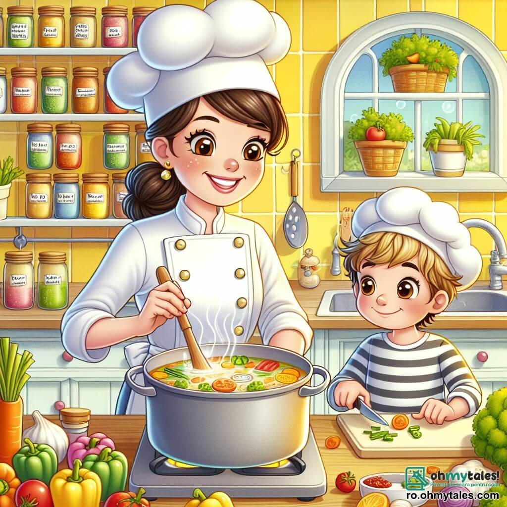 Chef Maria, o femeie zâmbitoare de aproximativ treize ani, poartă un șorț alb frumos și o pălărie de bucătar. Părul ei brun este prins într-un coc îngrijit. Ea amestecă o oală mare de supă colorată, cu legume proaspete care plutesc la suprafață, iar fața ei radiază de bucurie și concentrare. Lângă ea se află Matei, un băiat de 7 ani, cu părul blond zbârlit și ochi strălucitori de curiozitate. El ține un cuțit mic de bucătărie, tăind cu atenție legumele pe o placă de tăiat, observând cu atenție instrucțiunile Chef Maria. Scena se desfășoară într-o bucătărie luminoasă și primitoare, cu pereți vopsiți în galben pastel și rafturi pline cu borcane colorate de condimente. O fereastră mare lasă să intre lumina soarelui, iluminând încăperea și creând o atmosferă caldă. Situația principală arată cum Chef Maria și Matei pregătesc un prânz special pentru ziua de naștere a lui Matei, înconjurați de ingrediente proaspete și colorate, cu o atmosferă veselă și creativă în care magia gătitului prinde viață.