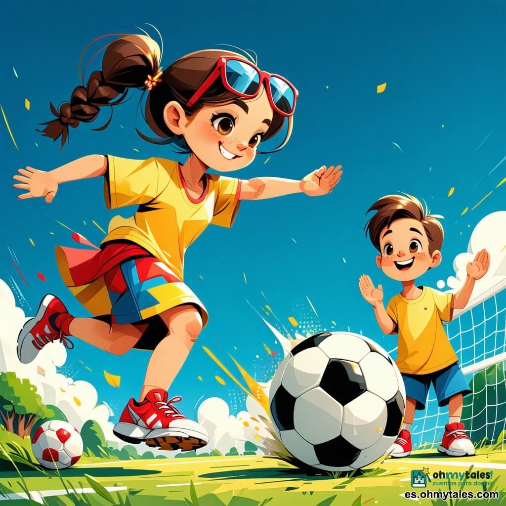 María, niña de unos 8 años, sonriente y concentrada, pelo castaño trenzado, gafas de sol en la cabeza, ropa colorida y zapatillas rojas, pateando un balón de fútbol rojo y blanco hacia la portería, postura dinámica, pierna levantada, pelo al viento; Ana, amiga de unos 8 años, alegre, pelo rubio en coleta, a la derecha a unos metros aplaudiendo; niño de unos 7 años, caído pero sonriente, rodilla raspada, sentado en la hierba a la izquierda mientras un amigo le ayuda con el brazo en el hombro; lugar: pequeño campo de fútbol de césped verde, portería blanca al fondo, cielo azul con nubes y sol alto; ambiente: María marca un gol, niños ríen y aplauden, ambiente luminoso y alegre, colores vivos, trazos sencillos y redondeados, estilo ilustrativo años 90, composición clara y legible para niños pequeños.