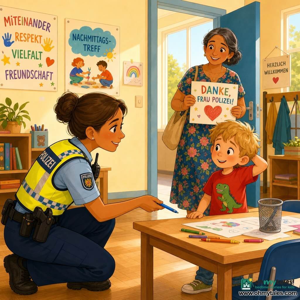 A smiling, attentive female police officer in her thirties, tanned, brown hair in a bun, light blue uniform with a yellow reflective vest and a radio on her shoulder, crouches to pick up a blue pen found under a desk and returns it to a boy; a tousled blond 7-year-old in a red dinosaur T-shirt stands by the desk looking relieved and shy; Ms. Patel, about 40, gray hair in a low bun and a floral dress, holds a small poster and smiles gratefully near the community center entrance; the bright after-school room has cream walls with activity posters, a light wood table scattered with crayons and papers, an empty pencil cup, parquet floor and a window with soft afternoon light; main action: the officer returning the pen in a peaceful, respectful gesture, warm reassuring atmosphere, centered composition on gazes and the outstretched hand, vivid contrasting colors, clean lines and rounded shapes suitable for a children's book