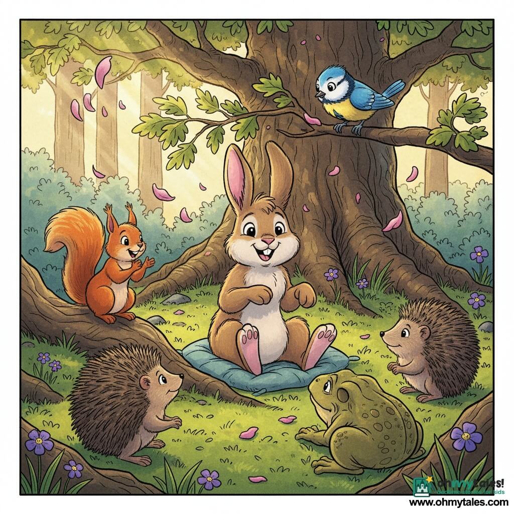 A small brown rabbit named Rowan, soft and fluffy with large pink ears, beams with a wide smile as he sits on a green moss cushion and tells a story, gently gesturing with his paws; a sky-blue tit named Miss Mistletoe with a yellow chest perches on a low branch above him, leaning in attentively; a red squirrel called Sable with a bushy tail sits on a root to the left, clapping; a round prickly hedgehog, a hazelnut-colored shrew and an old olive-green toad form a smiling semicircle around the rabbit; the scene takes place in Dewberry Wood, a mossy clearing dotted with blueberries and small purple flowers, knotted roots and a broad old oak with golden sunlight filtering through the leaves; pink petals swirl in the warm, friendly atmosphere as the animals gather to listen.