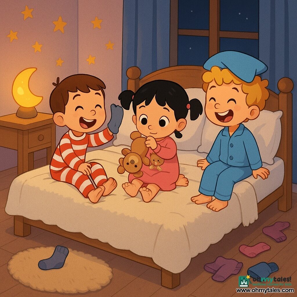 Three children, about five years old: Max, a short brown-haired boy in red-and-white striped pajamas wearing a sock on his right hand, sitting left on the bed laughing and showing his "sock-hand"; Lila, a black-haired girl in pigtails wearing a pink dress with a teddy print, seated center holding a beige teddy upside down and looking at it; and Sam, a blonde curly-haired boy in light blue pajamas with a small blue pillow worn like a hat, seated right laughing at Max and Lila; they are in a cozy bedroom with a large white bed and cream fluffy blanket, pastel lavender walls with painted stars, a moon nightlight on the left bedside table, a beige faux-fur round rug at the foot of the bed and scattered clothes and socks, in a warm, dimly lit, playful bedtime scene with exaggerated gestures, big happy eyes, an upside-down teddy and silly sock-wearing.