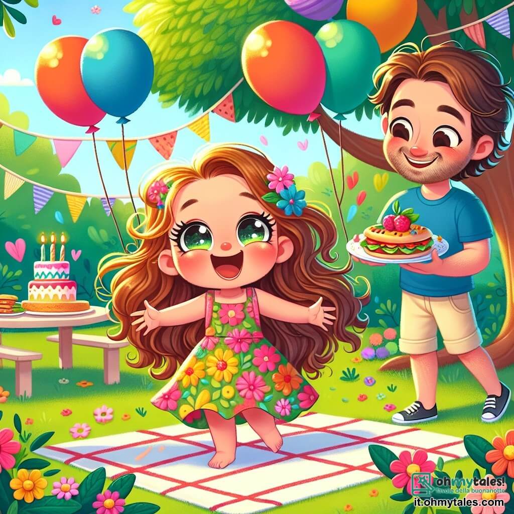 Una bambina di 4 anni, di nome Sofia, con grandi occhi brillanti e capelli ricci castani, sorride entusiasta mentre tiene un piccolo piatto di panini colorati. Indossa un vestito a fiori luminosi che danza attorno a lei mentre si trova in un giardino soleggiato. Accanto a lei, suo padre, un uomo di circa trent'anni con una leggera barba e un sorriso caloroso, sta gonfiando palloncini colorati. Indossa una maglietta blu e pantaloni corti beige, e sembra divertito dagli sforzi di sua figlia. Il giardino è pieno di fiori vivaci, con un grande albero al centro, decorato con palloncini fluttuanti e festoni di carta. Il terreno è coperto da una tovaglia a quadretti rossi e bianchi, su cui riposa una bella torta con una candela. Sofia grida "Sorpresa!" con gioia, mentre sua madre, una donna di circa trent'anni con lunghi capelli castani e un sorriso radioso, entra nel giardino, con gli occhi spalancati per la sorpresa e la felicità. È un momento magico di celebrazione della festa della mamma, pieno d'amore e risate.