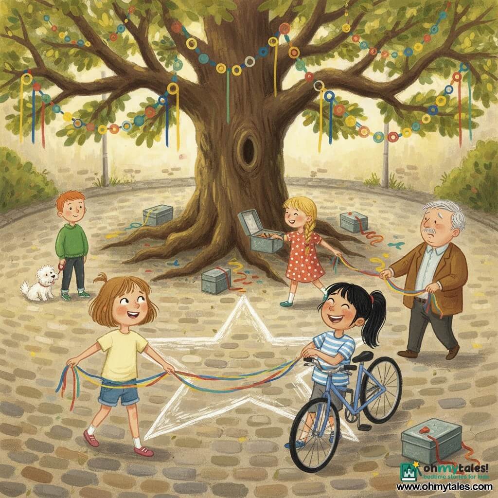 Six characters: Mina, a 9-year-old with light brown bob and a rebellious lock in a pale yellow T-shirt and denim shorts holding a colorful ribbon and smiling slightly left foreground; Jess, 9, black ponytail in a blue-and-white striped T-shirt making a joyful face while holding her bike just right of Mina; an ~8-year-old redheaded boy with a green sweatshirt holding the leash of a small fluffy white dog, Pip, left background; Tessa, ~10, blond braided hair in a polka-dot dress offering an open metal box near center background; Mr. Dalloway, ~60, round figure with gray hair and a brown jacket holding a ribbon and forcing a smile at right. Setting: a paved cul-de-sac around a large oak with visible roots and wide branches, paper-circle garlands (yellow, blue, green, red) hanging from the branches, a white chalk star on the ground, scattered metal boxes and colorful ribbons. Scene: children and some adults form a joyful circle holding multicolored ribbons, slowly walking around the chalk star with happy, focused expressions in a sunny afternoon with soft leaf shadows; vivid gouache palette and visible brush textures.