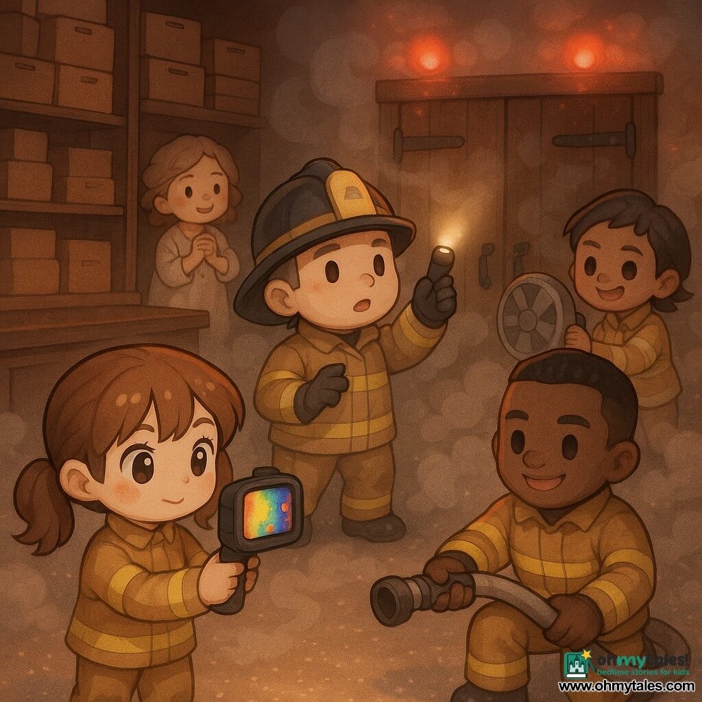 The protagonist is a 16-year-old girl with chestnut pigtails, a round face and bright wide eyes, calmly concentrating as she points a rectangular thermal camera showing colorful hotspots at a smoky wooden door; the captain, a calm authoritative ~45-year-old firefighter in helmet and jacket, stands by the entrance shining a torch upward; Jo, a ~28-year-old short-haired driver, operates a portable fan at the rear; Malik, a ~30-year-old muscular man with a reassuring smile, steadies a flexible fire hose near the floor; the owner, a ~50-year-old woman in pajamas with flour on her cheek and hands clasped, stands outside on the sidewalk relieved and watching the team; the setting is an old indoor bakery with wooden shelves of boxes, flour-dusted floor glittering under emergency lights, swollen heavy wooden doors, low gray smoke rising to the ceiling and a small dark wooden counter; the main scene shows the team coordinated and controlled—thermal camera highlighting a hot spot on the door, low serpentine smoke, lamps and hose at the ready—using warm reds and oranges for danger and soft pastel tones for chibi-style characters.