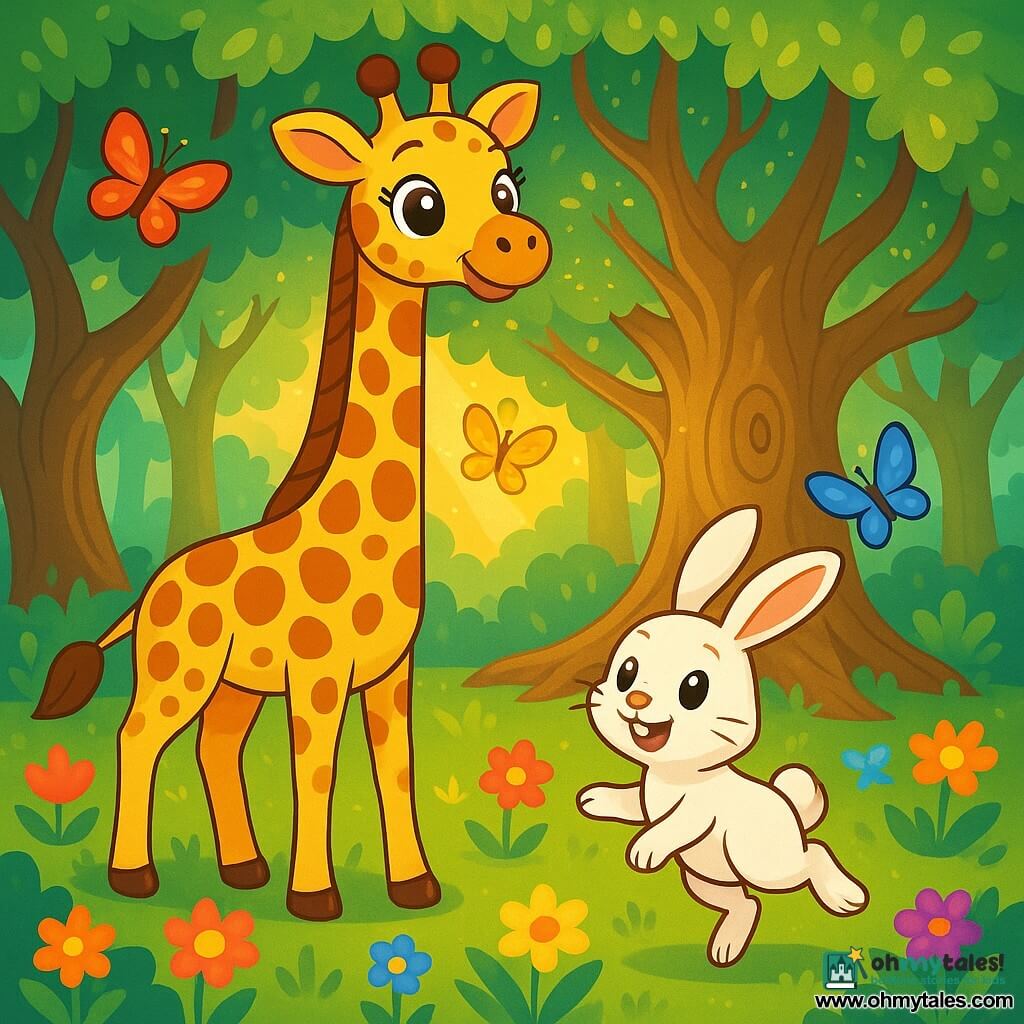 A majestic giraffe named Gemma, with a golden coat speckled with brown spots, stands in the center of an enchanted clearing, her large eyes shining with excitement and curiosity. Beside her, a small rabbit named Benny, with long ears and sparkling eyes, joyfully hops, his snow-white fur contrasting with the vibrant colors of the forest. The location is a magical clearing, surrounded by giant trees with gnarled trunks and shimmering leaves, where multicolored flowers dance in the gentle breeze. At the center, a large ancient tree, with extended branches and shiny bark, emanates an aura of wisdom and mystery. The main scene shows Gemma and Benny, in awe, discovering the magic of the forest, with colorful butterflies fluttering around them, while a soft golden light filters through the leaves, creating a fairy-tale and joyful atmosphere.