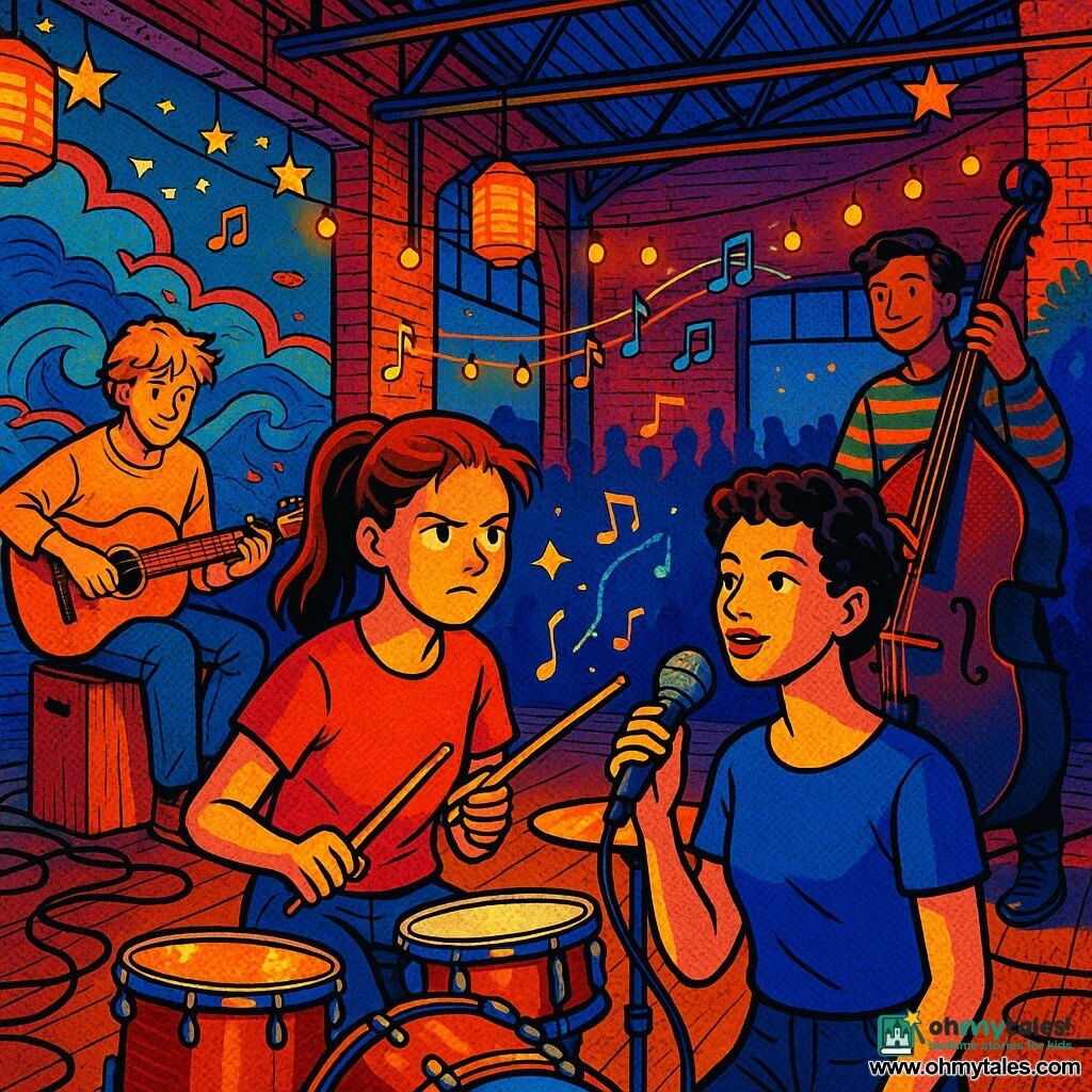 The protagonist is a focused, brave teenage/young adult female with a bright face, furrowed brows, brown hair in a ponytail, bare hands holding light wooden drumsticks, seated behind a small varnished wood-and-metal drum kit playing a gentle groove with a fluid wrist motion; singer Lila is a serene, confident young woman with fair skin and short curly hair, holding a silver mic center stage, singing softly and looking at the drummer, slightly forward and to the drummer’s right; guitarist Theo is a smiling young man with tousled blond hair, seated on a wooden crate with an acoustic guitar, picking a delicate arpeggio to the drummer’s left; bassist Jae is a warm, attentive young man with olive skin wearing a striped sweater, standing in the background right with a large black bass, marking the beat with his foot; the venue is a renovated riverside warehouse with painted brick murals of waves and fish, high metal ceilings with exposed beams, hanging paper star garlands, a worn wooden floor, and black cables and amplifiers around the stage; the scene shows the band performing at dusk with yellow-orange lantern-like lights, stylized musical notes floating in the air, the arpeggio depicted as a line of small lights, the drummer gently entering with a soft snare that turns a small mistake into an artistic accent, a blurred applauding crowd in the background, and a warm, magical atmosphere.