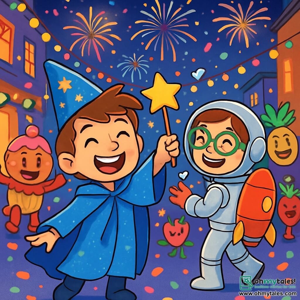 An 8-year-old boy, Max, with messy brown hair and sparkling joyful eyes, wears a bright blue wizard cape and a shiny hat. He smiles widely, holding a star-shaped magic wand, while dancing in the midst of a festive crowd. Next to him, an 8-year-old girl, Luna, with bright green glasses and a sparkling astronaut outfit, laughs while holding a rocket-shaped backpack. She is slightly behind, ready to toss marshmallows into the air. The setting is a lively street in Jingleberry, illuminated by colorful string lights and filled with characters in whimsical costumes, like dancing cupcakes and fruits. Fireworks burst in the night sky, creating a magical and joyful atmosphere. The main scene shows Max and Luna making wishes at midnight, surrounded by colorful confetti falling like snowflakes, while fantastic creatures dance around them, adding a touch of magic to this New Year's celebration.