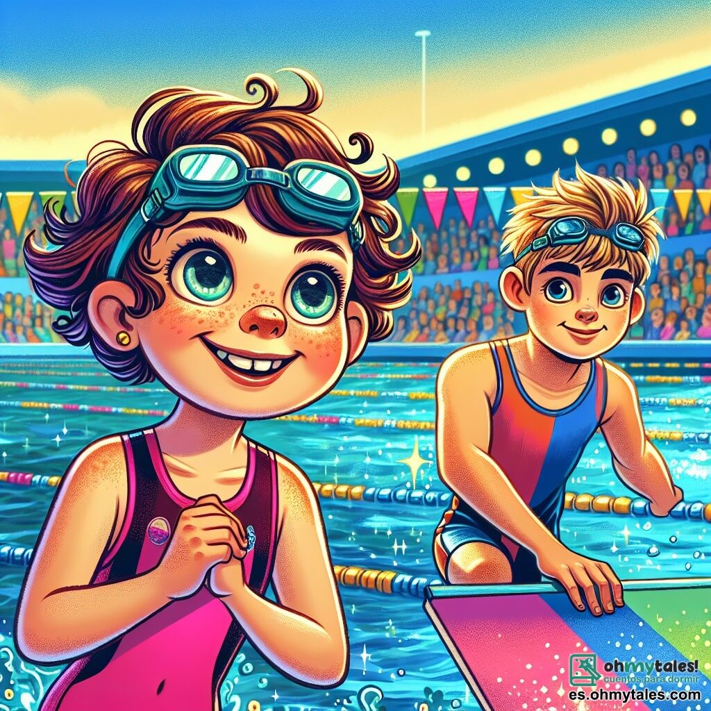Una niña de 12 años, Valeria, con cabello castaño y rizado, lleva un bañador rosa brillante y gafas de natación en la frente. Sonríe con emoción y determinación mientras se prepara para zambullirse en una piscina brillante. A su lado, Hugo, un chico de 12 años, alto y delgado, con cabello rubio despeinado, la observa con concentración, sosteniendo una tabla de natación bajo el brazo. Lleva un bañador azul y parece listo para animarla. La escena ocurre en un polideportivo animado, con espectadores entusiastas alrededor de la piscina y banderines de colores flotando sobre el agua. La superficie de la piscina brilla bajo el sol, creando reflejos deslumbrantes y suaves olas. Valeria y Hugo están a punto de comenzar una carrera de natación, listos para zambullirse juntos, simbolizando el espíritu de equipo y la amistad que los une.