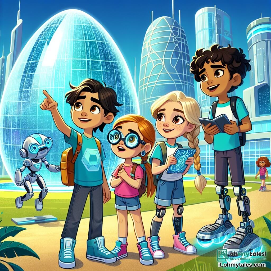 Nel parco futuristico della città di Lumina, quattro amici sono stupiti dal loro ambiente. Marco, un ragazzo di 12 anni con capelli castani e una maglietta blu, indica un edificio scintillante a forma di goccia d'acqua. Anna, una ragazza di 11 anni con occhiali rotondi e capelli biondi intrecciati, usa i suoi occhiali high-tech per analizzare un robot che si avvicina. Luca, un ragazzo di 12 anni con capelli neri e occhi brillanti, prende appunti sul suo blocco digitale, sorridendo. Infine, Sofia, una ragazza di 12 anni con una gamba bionica e capelli rossi, è pronta a partire sul suo scooter fluttuante, con le braccia incrociate e uno sguardo determinato. Il parco è un'ampia distesa di verde, con fiori luminosi e alberi dai tronchi argentati, mentre lampioni futuristici si accendono dolcemente. Gli amici scoprono un piccolo robot chiamato EcoBot, progettato per pulire la città, e si preparano ad aiutarlo a muoversi in questo mondo tecnologico divertendosi insieme.