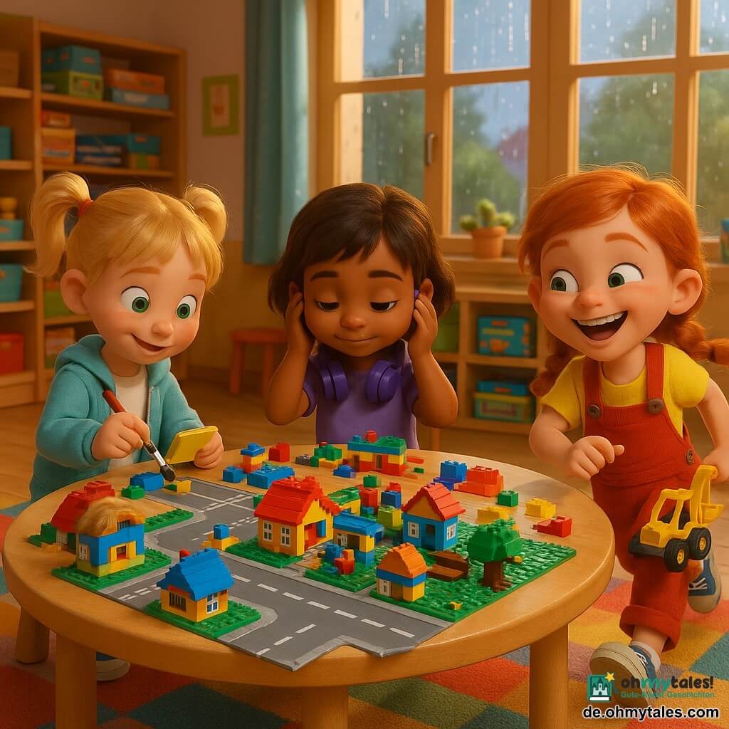 Drei Kinder: Mila, 5, blond mit Zöpfen, grüne Augen, hellblaue Jacke, links an einem Spieltisch stehend und ein gelbes Schild bemalend; Juna, 5, kurz braun, getönte Haut, violette Kopfhörer um den Hals, sitzt in der Mitte vor einer Legostapelnd und baut ruhig; Rike, 5, rothaarig geflochten, Farbflecken an den Fingern, rote Latzhose, läuft rechts fröhlich mit einer kleinen Baufahrzeugschaufel. Ort: warme, bunte Klassenzimmer mit hellem Holzboden, niedrigen Regalen voller Spielboxen und großen Fenstern mit sichtbarem Regen. Szene: Die drei bauen gemeinsam auf einem großen runden Tisch eine Lego-Stadt mit grauen Straßen, bunten Häuserdächern und einem kleinen grünen Park; kooperative, konzentrierte und lächelnde Stimmung, lebendige Farben und unterschiedliche Materialien erkennbar.