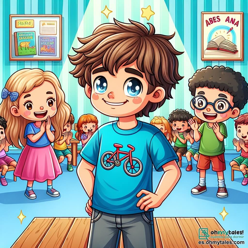 Un niño de 12 años, llamado Martín, se encuentra en el centro de la imagen, con una amplia sonrisa de orgullo. Tiene el cabello castaño ligeramente despeinado, ojos brillantes de alegría y lleva una camiseta azul brillante con un diseño de bicicleta. Sus manos están levantadas en señal de victoria, y está sobre un escenario de madera, rodeado de compañeros que lo aplauden. A su derecha, una niña de 11 años, Ana, con cabello largo y ondulado, lleva un vestido rosa y sonríe ampliamente, mostrando admiración. A su izquierda, un niño de 12 años, Diego, con gafas y una camiseta verde, levanta el pulgar en señal de ánimo. El fondo es un aula colorida, con carteles de libros y dibujos de niños en las paredes. Las sillas y mesas están dispuestas en semicírculo, y los rayos de luz entran por las ventanas, iluminando la escena. Martín, de pie en el escenario, lee su texto con pasión, mientras sus compañeros lo escuchan atentamente, creando una atmósfera de apoyo y entusiasmo.