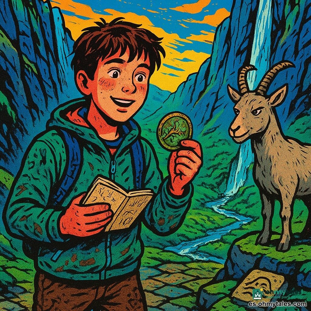 Un chico, Nico, de unos 15 años, pelo castaño despeinado y mejillas sonrojadas, con mirada maravillada y orgullosa, sostiene un medallón oxidado en una mano y un cuaderno garabateado en la otra; su chaqueta de excursión está empapada y tiene barro en los pantalones. A su derecha, en una roca cercana, hay una cabra montesa de pelaje gris-beige con mirada traviesa que parece aprobar su hallazgo. El lugar es un collado estrecho entre paredes rocosas con losas antiguas parcialmente cubiertas de musgo y cascadas plateadas que caen desde grietas, bajo un cielo de postormenta. Nico acaba de salir de un túnel subterráneo y contempla un amplio valle verde abajo con un arroyo brillante; junto a sus pies hay una pequeña placa de piedra con un símbolo de tres ondas y una luz suave de tarde ilumina su rostro húmedo.