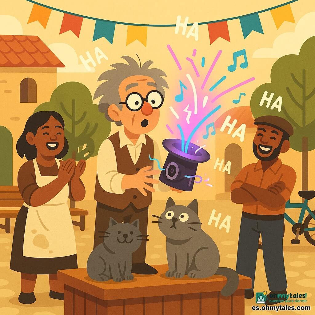 Inventor de unos 60 años, pelo canoso alborotado y gafas redondas, sostiene un sombrero de copa violeta luminoso con un altavoz y un cable intermitente mientras lo activa; Pepa, panadera de unos 40 años con delantal enharinado, a la izquierda aplaude y sonríe; Tito, dueño de bicicletas de unos 35 años con gorra, está a la derecha junto a una bici colorida riendo con los brazos cruzados; el gato Bigotes, gris y redondo, mira curioso desde el borde de la pequeña tarima de madera en una soleada plaza de pueblo con adoquines, bancos, árboles y banderolas; el sombrero emite luces neón rosas y azules y pequeñas notas musicales, burbujas de risa estilizadas llenan el ambiente festivo y algo caótico.