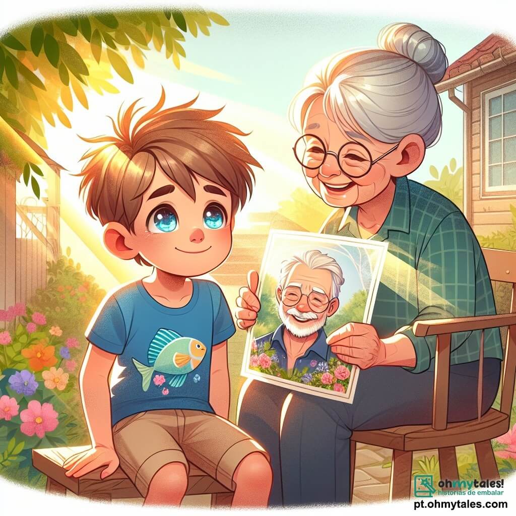 Um menino de 10 anos, com cabelos castanhos bagunçados e olhos brilhantes de curiosidade, está no centro da imagem, olhando uma foto do avô com uma mistura de tristeza e ternura. Ele usa uma camiseta azul com um desenho de peixe e um short bege, com as mãos apoiadas nos joelhos, sentado em uma cadeira de madeira. Ao lado dele, uma mulher idosa, sua avó, com cerca de 70 anos, cabelos grisalhos em coque e óculos redondos, sorri suavemente enquanto segura uma xícara de chá. Ela está sentada em outra cadeira, levemente inclinada para o menino, oferecendo conforto. O cenário é um jardim ensolarado, cheio de flores coloridas e vegetação exuberante, com uma casa antiga ao fundo. Raios de sol filtram pelas folhas das árvores, criando uma atmosfera acolhedora e tranquila. A cena principal mostra o menino e sua avó compartilhando um momento de lembrança, olhando juntos a foto do avô, simbolizando o amor e a memória que perduram apesar da perda.