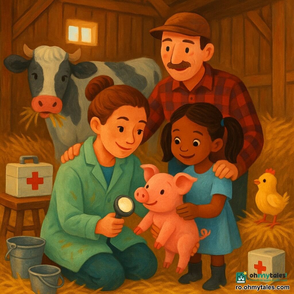 O femeie veterinar zâmbitoare dar concentrată, păr șaten deschis prins în coc, geacă verde deschis cu urme de fân, genunchiată, ține delicat botul unui purceluș roz cu o mână și o mică lampă rotundă cu cealaltă; o fetiță de circa 7 ani, păr șaten în două cozi, rochie bleu, ține lampa lângă bot și privește admirativ, stând lângă veterinar; fermierul Radu, în jur de 40 de ani, mustață fină, cămașă de flanel, pune o mână pe umărul veterinarului și susține ușor purcelușul din spate; vaca Lăptica, mare, bătată alb și gri cu urechi lăsate, stă la fundul boxului mestecând fân; găinușa Fifi, mică galben-albă cu un bandaj roz pe o lăbuță, stă pe un teanc de paie; decor: interiorul unui hambar mare de lemn cu grinzi vizibile, paie pe podea, lumină caldă de dimineață intrând pe o fereastră înaltă, găleți metalice și o trusă medicală pe un scaun; scenă de îngrijire blândă și calmă, compoziție centrată, culori moi și contraste calde, textură de pictură acrilică.