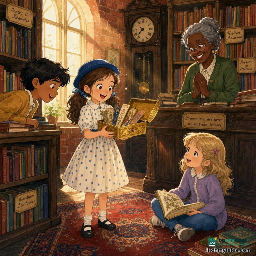 Una bambina di 8 anni, gioiosa e meravigliata, capelli castani ondulati in due codini, con un piccolo cappello blu e un vestito a pois, tiene tra le mani un cofanetto dorato aperto; una bibliotecaria di circa 60 anni, dal volto dolce, capelli grigi raccolti in uno chignon, occhiali tondi e cardigan verde, applaude sorridendo dietro il banco; due amici bambini (un ragazzo di 8 anni e una bambina di 7) la osservano stupiti, uno in piedi vicino a uno scaffale, l'altro seduto a terra a sfogliare un libro; ambientazione: vecchia biblioteca di mattoni rossi con scaffali in legno scuro pieni di libri e luce calda da grandi finestre; dettagli: polvere scintillante nei raggi di luce, tappeto persiano rosso, etichette scritte a mano sugli scaffali, un vecchio orologio a pendolo fermo sullo sfondo; situazione principale: la bambina scopre nella sala delle fiabe un tesoro — un cofanetto dorato pieno di antichi segnalibri decorati — nascosto in un grande libro, con espressione di meraviglia mentre gli altri la guardano ammirati.