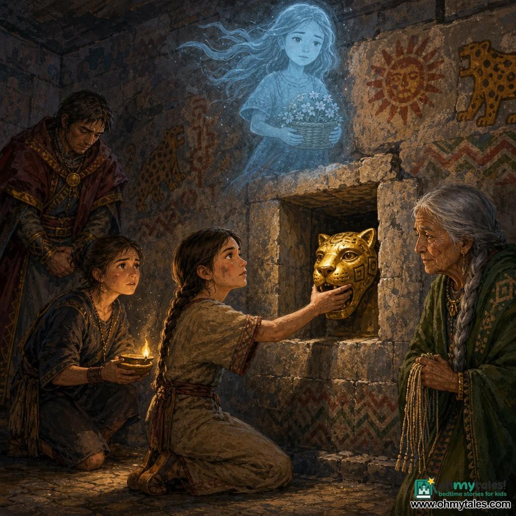 Killa, about 14, round dusty face, large attentive eyes, emotional and determined, kneels and gently places a golden jaguar-head ornament into a stone niche; behind her to the left Mayu, also about 14 with tied hair and a worried but brave look, holds a small oil lamp casting warm, flickering shadows; to the rear right Sumaq, an older woman of roughly 60 with wrinkled skin and a long silver braid, stands holding a pale quipu with faintly shimmering cords; in the background left Lord Amaru, an adult man around 40 in rich clothes, stands withdrawn and contrite; above the niche floats Chaska, the translucent blue-silver spirit of a girl about 12, hair drifting, smiling sadly while holding a small basket of flowers. The scene is an underground offering chamber with rough stone walls painted with faded suns, jaguars and zigzags, dust visible in lamp rays, stone debris and a central niche; the solemn moment of returning the stolen ornament contrasts warm lamp light with the spirit’s cold, translucent glow, textures are sharp (rough stone, polished gold, woven fabrics) and the composition centers on the niche and the act of restitution. Painted in acrylic with visible brushstrokes, a palette of ochres, golds, cool blues and greens, and clear readability for 12-year-olds.