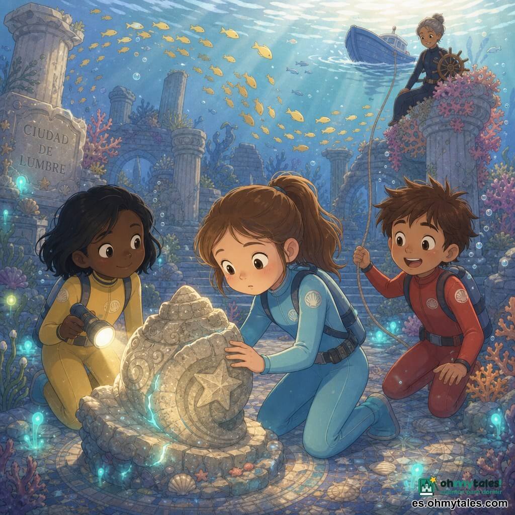 Lina, niña de 12 años, rostro redondo y coleta castaña, fascinada, lleva un pequeño traje de buceo azul claro y toca con delicadeza un gran caracol de piedra ornamentado con una estrella en el centro de la escena; Noa, niña de ~12 años, pelo corto negro y sonrisa cómplice, con traje amarillo, ilumina la piedra desde la izquierda con una linterna submarina; Ivo, chico de ~13 años, pelo castaño revuelto, expresión entusiasta y algo sorprendido, traje rojo, está detrás a la derecha sujetando una cuerda flotante; Sira, mujer de ~40 años, piel bronceada y cabello gris recogido, con traje oscuro, vigila desde atrás junto a una columna con la mano en el timón de un pequeño barco azul en superficie; lugar: una plaza submarina de la Ciudad de Lumbre con columnas caídas cubiertas de corales rosas y naranjas, mosaicos con conchas, bancos de peces amarillos y luces bioluminiscentes azules y verdes; situación: descubrimiento respetuoso de la ciudad sumergida, la piedra-caracol vibra y un farol metálico antiguo empieza a emitir una cálida luz mientras el grupo escucha y avanza paso a paso en una atmósfera tranquila, mágica y marina.