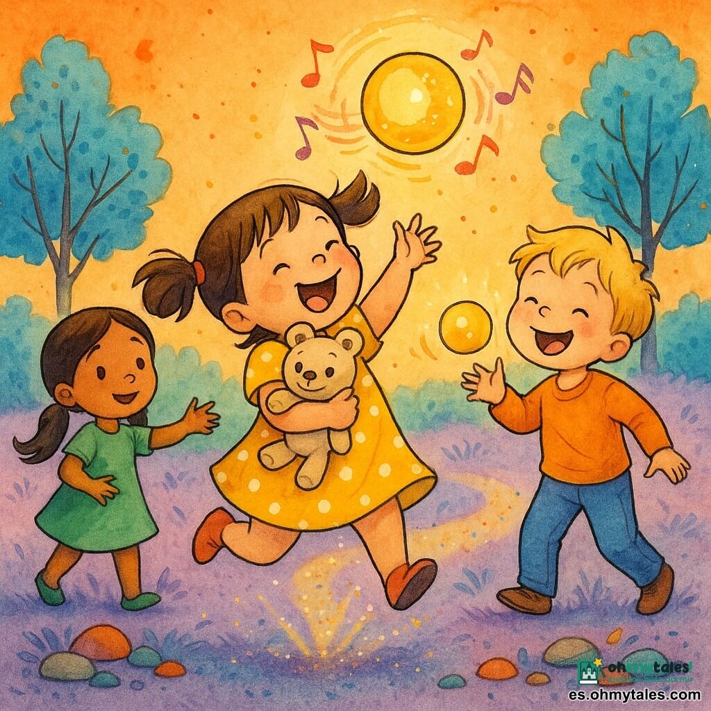 Niña de 4 años, feliz y maravillada, cabello castaño corto en coletas, vestido amarillo con lunares blancos, abraza su osito de peluche beige y salta para atrapar una bola de luz que rebota; niño de unos 5 años, rubio, pantalón azul, a su derecha, ríe y lanza otra bola luminosa; niña de unos 4 años de piel morena, coletas largas, vestido verde, detrás a la izquierda, extiende la mano invitando a jugar; el osito beige con ojos de botón sonríe apoyado en la pierna de la niña; paisaje de colores vivos: cielo naranja, árboles con hojas turquesa, hierba violeta pálido, senderos brillantes y piedras multicolores; los niños juegan con bolas de luz que emiten notas visibles como pequeñas ondas de color, atmósfera mágica y dinámica.