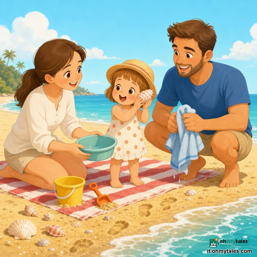 Bambina di 2 anni sorridente e meravigliata, capelli corti castano chiaro, viso rotondo e guance rosa, con piccolo cappello di paglia e vestitino a pois che tiene una conchiglia all'orecchio; madre circa 30 anni, gentile, capelli castani raccolti in coda, blusa leggera, seduta a sinistra sulla tovaglia da spiaggia e porge una piccola bacinella d'acqua; padre circa 32 anni, calmo e protettivo, barba leggera, t-shirt blu e pantaloncini beige, a destra accovacciato che asciuga un asciugamano bagnato sorridendo; spiaggia di sabbia dorata con asciugamano a righe rosse e bianche, secchiello giallo e paletta arancione accanto, lieve onda turchese che lambisce il bordo della tovaglia, conchiglie e poche impronte; scena luminosa e dai colori caldi, composizione centrata sulla bambina, sfondo mare calmo e cielo azzurro chiaro.