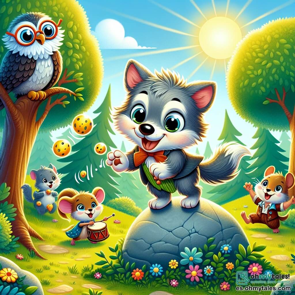 Un pequeño lobo de pelaje suave y gris, con grandes ojos brillantes y una expresión de determinación en su rostro, está sobre una gran piedra en el centro de un claro soleado, listo para hacer reír a sus amigos. Junto a él, una pequeña ratona de ojos chispeantes y sonrisa traviesa, que salta de alegría mientras sostiene un pequeño tambor, anima al lobo con entusiasmo. Un viejo búho sabio, posado en una rama, observa la escena con una mirada divertida, sus grandes gafas deslizándose por su nariz, listo para juzgar el espectáculo. El lugar es un claro verde rodeado de majestuosos árboles con hojas brillantes, donde flores de colores bailan al viento y la luz del sol filtra a través de las ramas, creando una atmósfera alegre y acogedora. La situación principal muestra al lobo preparando su número cómico, con plátanos en mano, listo para hacer malabares, mientras los otros animales, reunidos a su alrededor, esperan con impaciencia y risas, ansiosos por descubrir su talento para hacerlos reír.