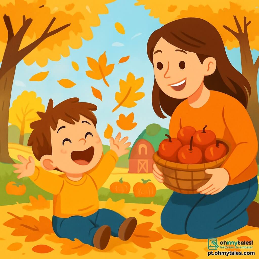 Um menininho de 2 anos, Miguel, com cabelos castanhos bagunçados e grandes olhos brilhantes de alegria, está sentado em um tapete de folhas de outono. Ele ri alto, com as bochechas rosadas e um sorriso radiante iluminando seu rosto. Ao seu lado, sua mãe, uma mulher sorridente de cerca de 30 anos, com longos cabelos castanhos e um suéter laranja vivo, segura uma cesta cheia de maçãs vermelhas brilhantes. Ela se inclina para Miguel, encorajando-o a pegar as folhas. O cenário é uma bela fazenda, com árvores de folhas douradas e campos de abóboras laranja sob um céu azul claro. Raios de sol filtram-se através dos galhos, criando uma atmosfera calorosa e alegre. A cena principal mostra Miguel se divertindo ao lançar folhas ao ar, enquanto sua mãe ri e o incentiva a brincar, preenchendo o ar com risadas e cores de outono.