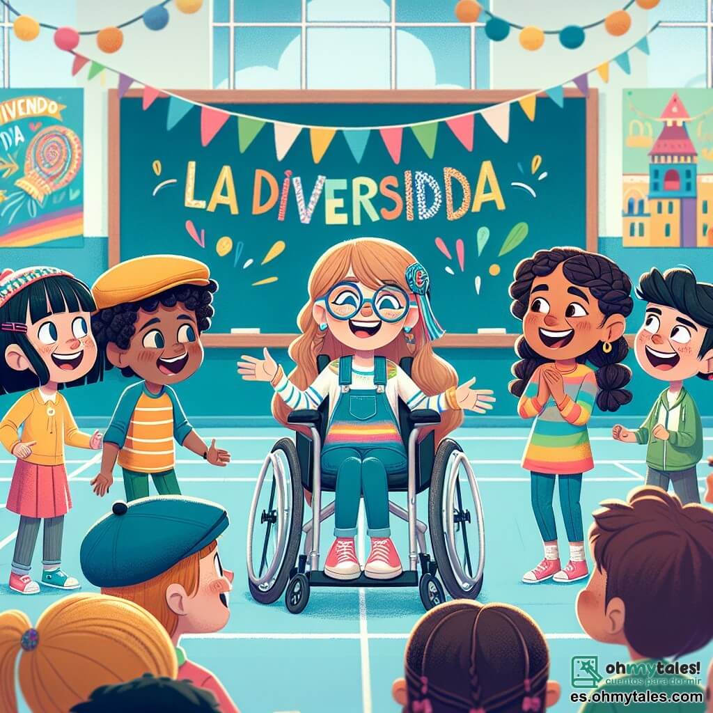 Clara, una niña de 12 años con cabello largo y castaño y gafas, sonríe alegremente en su silla de ruedas, rodeada de sus amigos. A su derecha, Leo, un niño de 11 años con cabello rizado y una gorra, cuenta una historia con gestos animados. A la izquierda, Marta, una niña de 11 años con cabello rubio y trenzas, ríe mientras sostiene un cartel colorido que dice "Viviendo la Diversidad". Finalmente, Tomás, un niño de 12 años con gafas y cabello liso, observa atentamente, listo para ayudar. El escenario se desarrolla en el gimnasio de la escuela, lleno de globos coloridos y banderines decorativos. Las paredes están pintadas de azul claro, y hay carteles que ilustran mensajes sobre inclusión y diversidad. Al fondo, una gran pizarra presenta el título del proyecto escrito en letras alegres. La situación principal muestra a Clara y sus amigos guiando a sus compañeros a través de un recorrido inclusivo, donde los niños intentan moverse en silla de ruedas y con los ojos vendados, descubriendo así los desafíos y las alegrías de la diversidad. Las caras de los niños expresan curiosidad y empatía, creando una atmósfera de comprensión y camaradería.