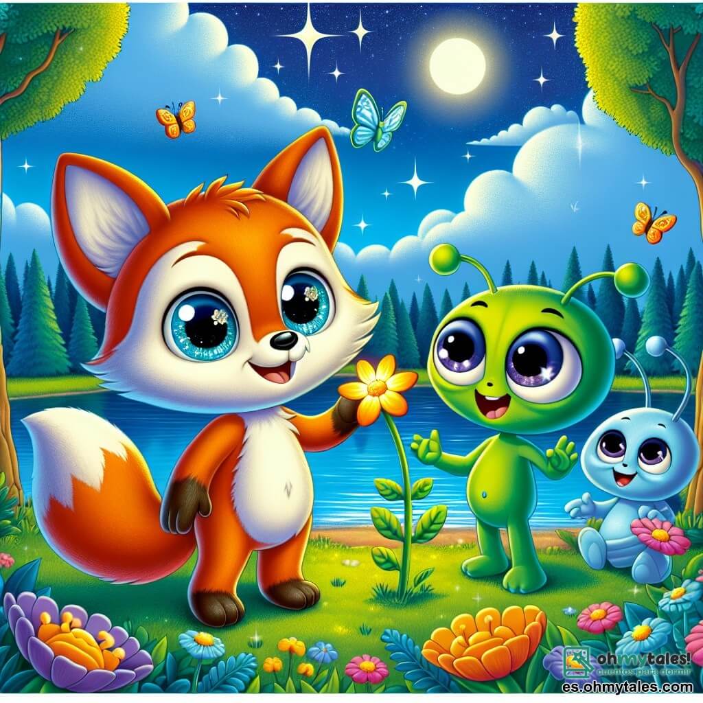 Un pequeño zorro llamado Rufi, con un pelaje naranja brillante y ojos llenos de curiosidad, se encuentra al borde de un lago resplandeciente, sonriendo con asombro. Está mostrando una flor brillante a sus amigos extraterrestres. Blip, un extraterrestre verde con cabeza redonda y grandes ojos expresivos, mira la flor con fascinación, levantando los brazos en señal de asombro. A su lado, Blop, un extraterrestre azul con antenas y una amplia sonrisa, ríe alegremente, con los brazos en alto, como si quisiera bailar. El escenario es un hermoso bosque encantado, donde los árboles brillan como estrellas y las flores de colores parecen cantar. El cielo es de un azul brillante, salpicado de nubes esponjosas, y mariposas multicolores vuelan a su alrededor. La escena principal muestra a Rufi y sus amigos extraterrestres compartiendo un momento de alegría, maravillados por la belleza de la naturaleza terrestre, simbolizando la amistad entre diferentes especies.