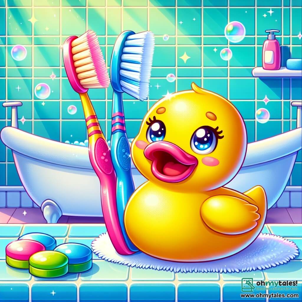 A bright yellow rubber duck named Sunny sits on a bathroom shelf, with a curious yet slightly sad expression, its shiny round eyes reflecting sunlight filtering through the window. Next to it, two colorful toothbrushes, one pink and the other blue, are joyfully dancing, their bright smiles and moving bristles showing their enthusiasm and friendship. The bathroom is bright and welcoming, with pastel blue tiled walls, a fluffy bath mat, and floating soap bubbles, creating a playful atmosphere. In the background, a sparkling white bathtub awaits aquatic adventures. Sunny, the duck, looks at the toothbrushes with a mix of joy and nostalgia, wondering how he can balance his two shelves while keeping his friends close.