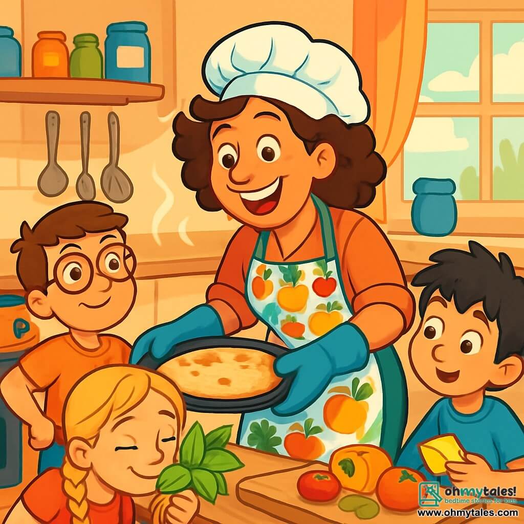 Chef Lila, a cheerful woman in her forties with curly brown hair and a big bright smile, is taking a golden flatbread out of the oven. She wears a colorful apron adorned with fruit patterns and looks enthusiastic, her eyes sparkling with excitement. Next to her, Sam, a 10-year-old boy with glasses and brown hair, watches the cooking in awe, hands on his hips. Ella, a 9-year-old girl with braided blonde hair, is leaning over the table, smelling a bouquet of fresh basil with a delighted smile. Max, an 8-year-old boy with messy black hair, stands near the cutting board, curiously holding a piece of cheese. The scene takes place in a warm and welcoming kitchen filled with colorful pots, shiny metal utensils, and rays of light filtering through a window, illuminating the fresh ingredients on the countertop. The main situation shows Chef Lila and the children preparing a delicious dish, surrounded by a joyful atmosphere where the tempting aroma of food fills the air, and everyone eagerly awaits to taste their culinary creation.